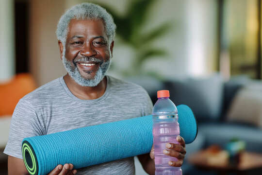 Retired African-American man holding yoga mat and water bottle, ready for exercise in living room