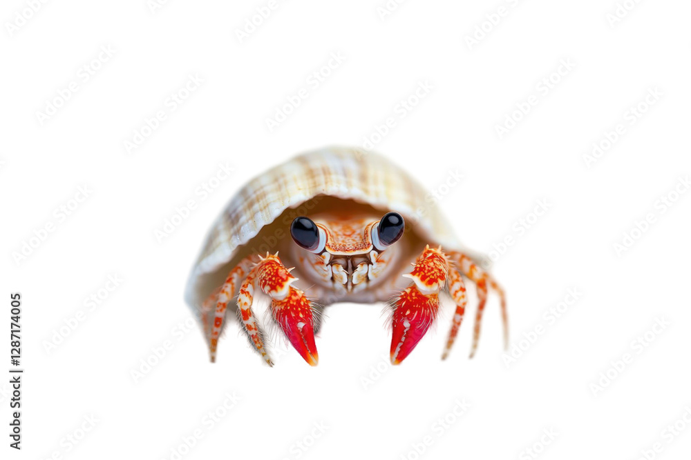Poster close up of an animal with red claws and a curious expression inside a beige seashell against a tran