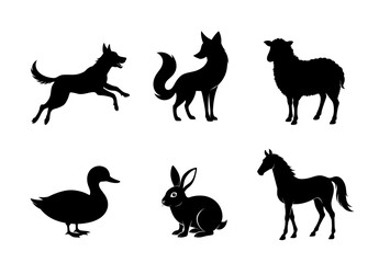 Silhouette collection of domestic and wild animals: dog, fox, sheep, duck, rabbit, horse isolated on white background