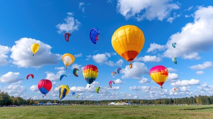 Obraz premium Colorful hot air balloons festival, blue sky, green field