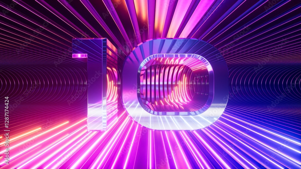Poster 3d render. metallic digit 10 on a neon background. futuristic chrome number ten placed at the center