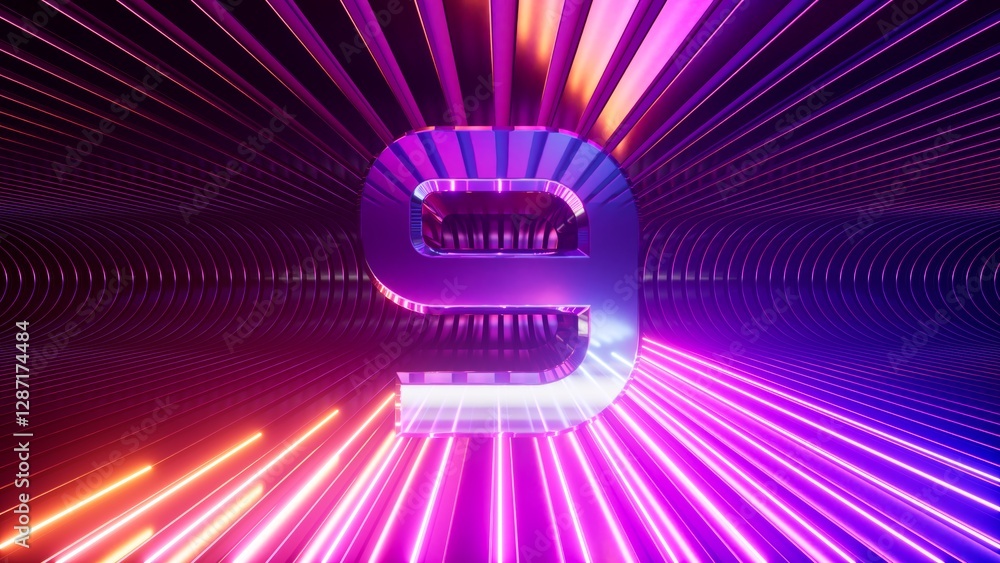 Poster 3d render. metallic digit 9 on a neon background. futuristic chrome number nine placed at the center
