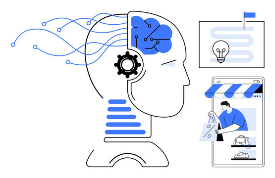 Human head with neural connections, gear, lightbulb, online shopping. Ideal for technology, AI, innovation, e-commerce neural networks creativity futuristic concept. Simplified colors abstract
