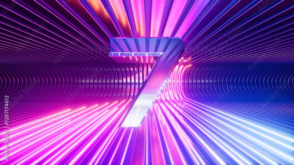 Aufkleber 3d render. metallic digit 7 on a neon background. futuristic chrome number seven placed at the cente