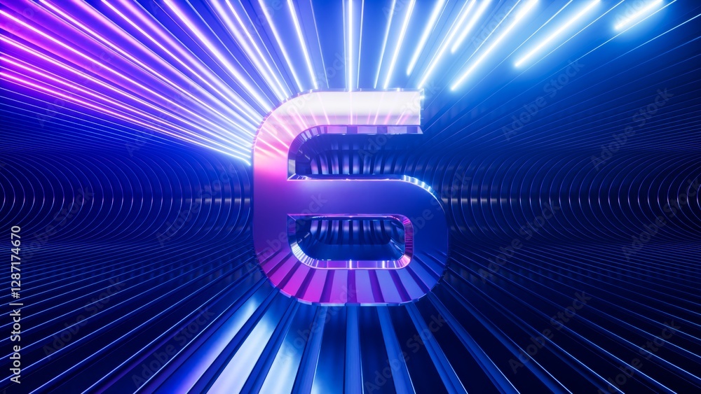Aufkleber 3d render. metallic digit 6 on a neon background. futuristic chrome number six placed at the center 