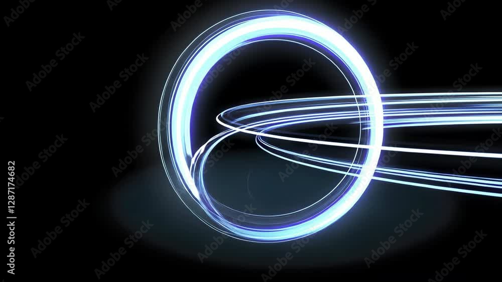 Poster dynamic display of glowing blue light trails forming circular patterns against dark background, crea