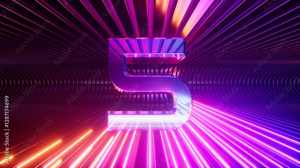 Poster 3d render. metallic digit 5 on a neon background. futuristic chrome number five placed at the center