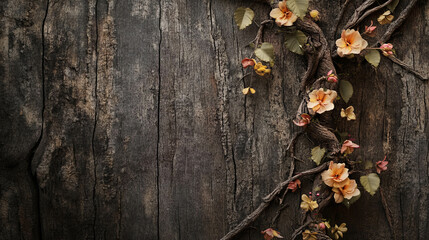Rustic wooden texture with climbing flowers for nature-inspired designs