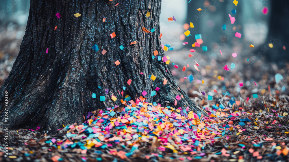 Poster vibrant confetti piled at tree base in autumn forest setting