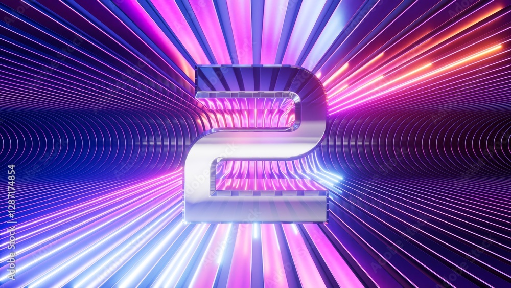 Aufkleber 3d rendering. metallic digit 2 on a neon background. futuristic chrome number two placed at the cent
