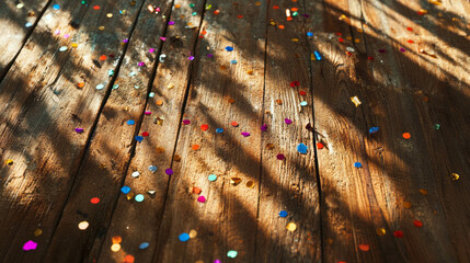 Vibrant confetti casting playful shadows on rustic wooden surface