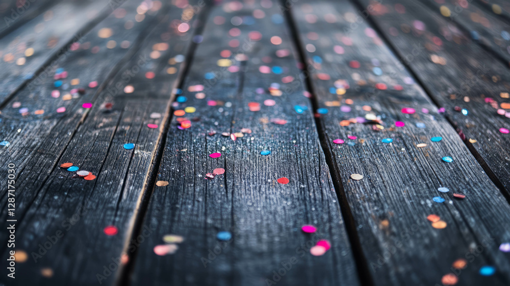 Poster festive confetti on rustic wooden texture creating a vibrant gradient effect