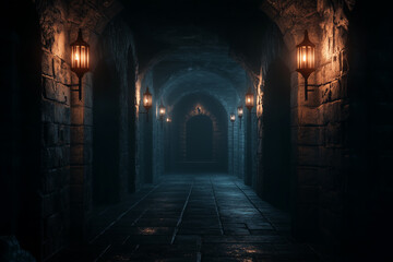 Fototapeta premium Dark Medieval Stone Corridor with Lit Lanterns Mysterious Castle Passageway Fantasy Setting