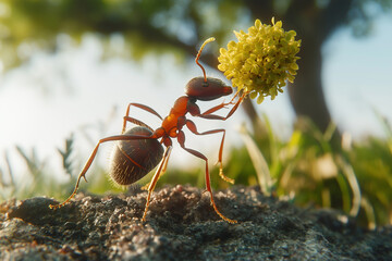 Ant Carrying a Yellow Flower in Nature's Embrace