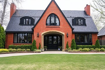 Beautiful red brick house with large black windows and neatly manicured lawn in a suburban neighborhood during springtime, showcasing elegant architecture and landscaping