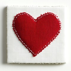 Red stitched heart on fabric square	