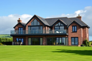 Nestled beneath a pristine blue sky, this opulent countryside residence features an expansive lawn and contemporary architectural design, perfect for serene living