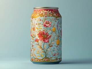 A beautifully designed can featuring intricate floral patterns in vibrant colors, set against a soft blue background. Perfect for showcasing beverage branding and artistic designs.