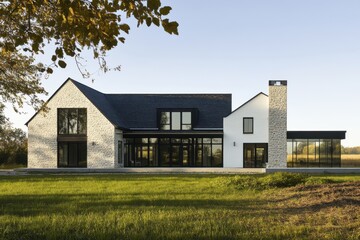 Obraz premium Modern country house with large windows and stone facade set against a clear blue sky during early evening in a lush rural landscape