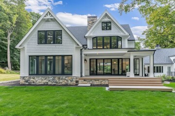 Modern house exterior design featuring large windows and stone accents in a serene natural setting surrounded by lush greenery on a clear day