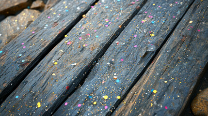 Fototapeta premium Rustic wooden texture with vibrant confetti for festive party design