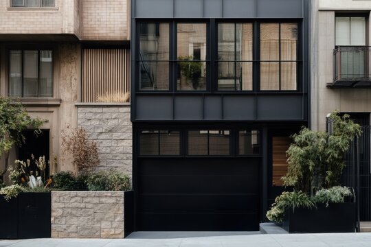 Modern townhouse exterior featuring minimalist design elements and elegant landscaping in an urban setting during daylight hours