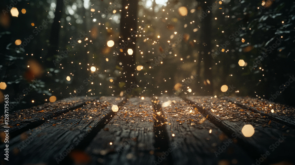 Poster enchanting wooden texture with sparkling confetti in atmospheric forest setting