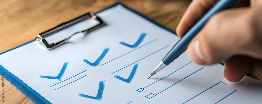 Poster a close-up of a hand holding a pen, marking confirmation on a checklist. the background features a c