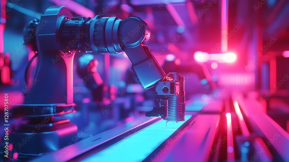 Poster a close-up view of an advanced robotic arm in a futuristic factory setting