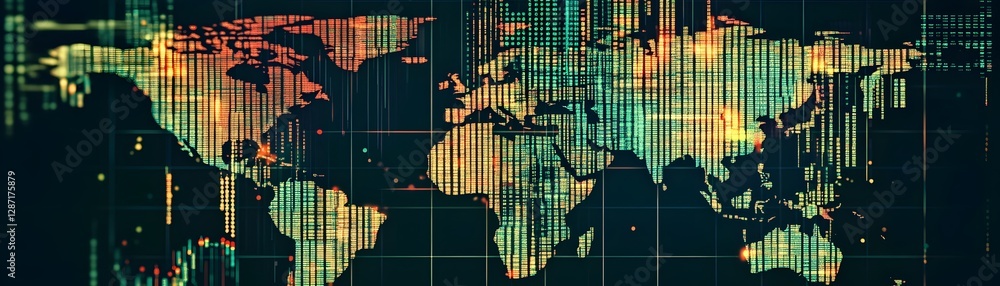 Poster a colorful digital world map with vibrant grid lines and abstract patterns, symbolizing global conne