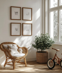 Bright Room Interior Design with Wicker Chair and Framed Prints