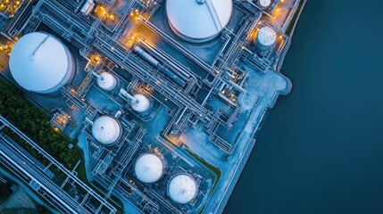 Aerial view of a gas extraction site connected to a large processing plant