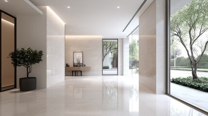Modern lobby, elegant design, large windows, city view, real estate