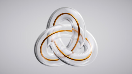 Fototapeta premium abstract glass torus, golden wire inside the intertwined clear tube isolated on light grey background, 3d rendering