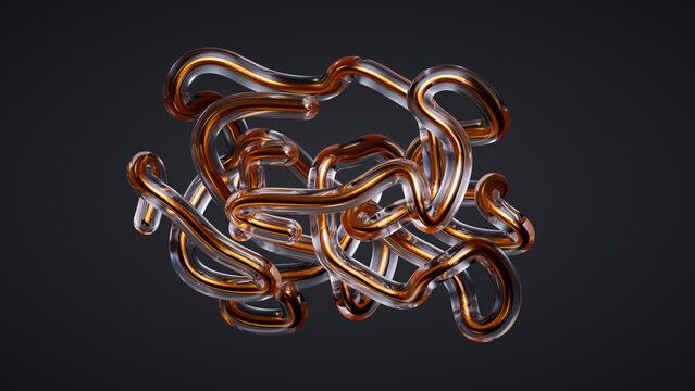 abstract structure, copper wire inside the intertwined clear glass tubes isolated on dark background, 3d rendering