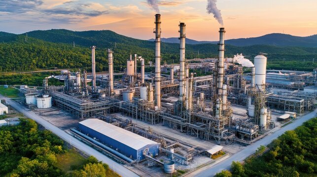 Aerial view of a large oil refinery with multiple processing units and gas stacks