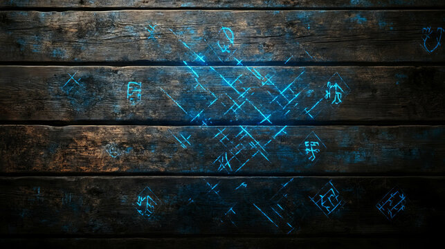Mysterious wooden texture with glowing blue runes for magical design projects