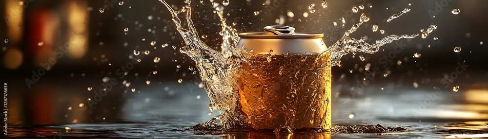 Poster a refreshing beverage can splashes in clear water, creating dynamic ripples and showcasing the vibra