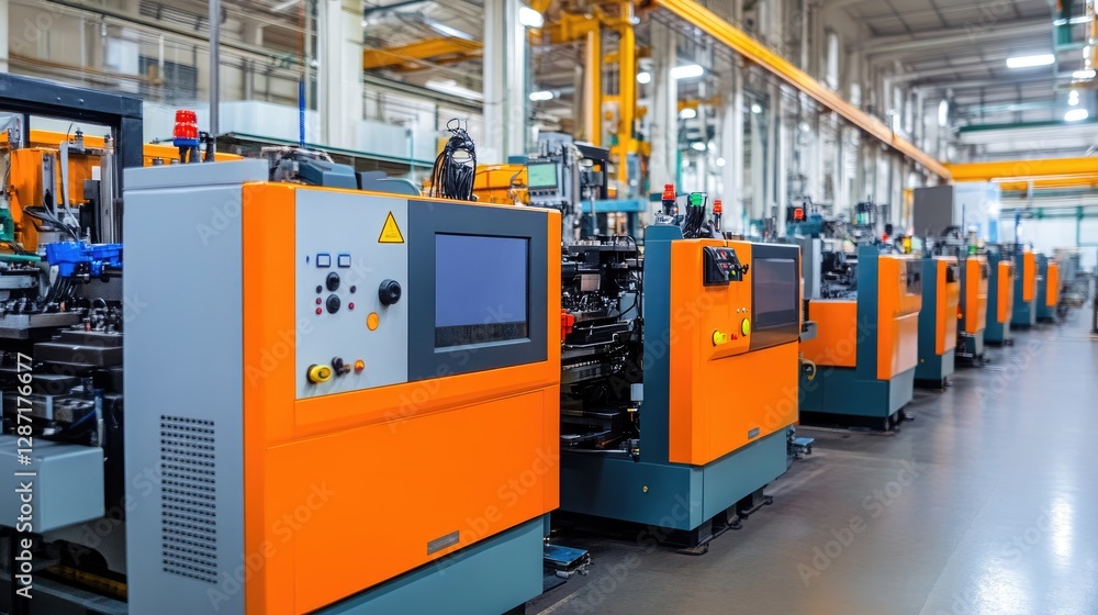 Poster automated injection molding machines producing plastic components in a factory