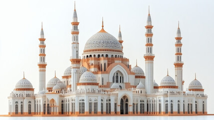 Fototapeta premium Detailed Model Of A Grand White Mosque With Beige Accents In A White Background Illustration With Intricate Detailing With Domes And Minarets Architectural Model Islamic Religious Building Model