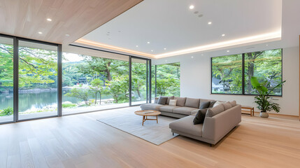 Fototapeta premium Modern living room overlooking lake