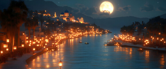 Fototapeta premium Nighttime Village By The Sea With Warm Lights