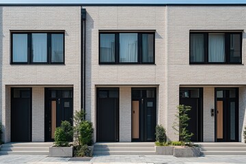 Modern residential buildings with minimalistic design featuring large windows and glass doors in a sunny urban neighborhood