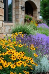 A vibrant and colorful flower garden showcases stunning yellow coneflowers and lovely lavender blooms, all set against the backdrop of a charming stone house in the warm afternoon sun