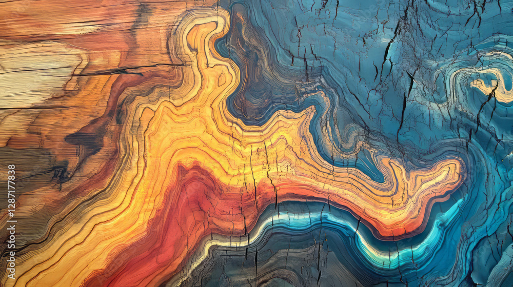 Aufkleber abstract art on wooden texture with vivid colors and flowing patterns for artistic projects
