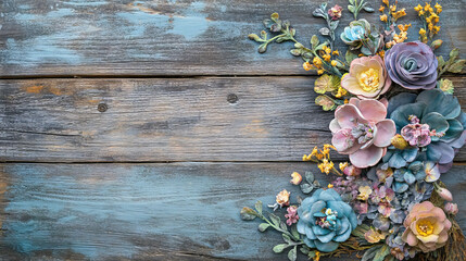 Rustic wooden texture with pastel flowers for nature inspired design