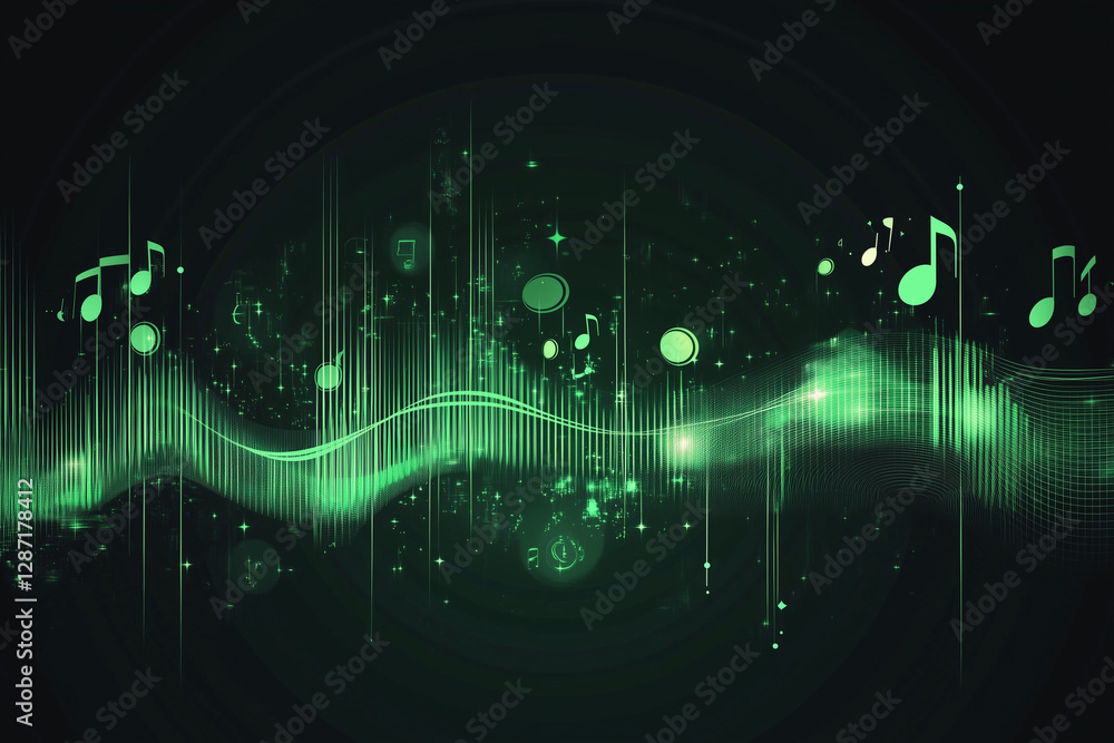 Aufkleber abstract green music equalizer visualization with notes and glowing particles