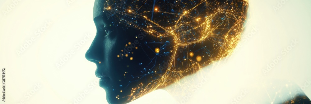 Aufkleber Profile view of a human head showcasing complex neural connections and glowing synapses illustrating artificial intelligence. Generative AI
