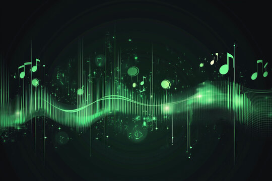 Abstract Green Music Equalizer Visualization with Notes and Glowing Particles