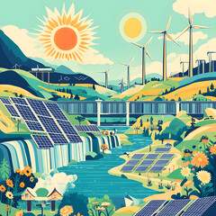 Fototapeta premium Dynamic poster showcasing renewable energy icons like solar panels, wind turbines, and hydroelectric plants in a bright color scheme for a clean future.